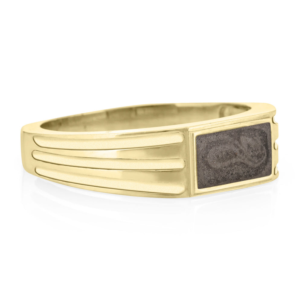 side of close by me's 14k yellow gold ridged band rectangle signet cremation ring