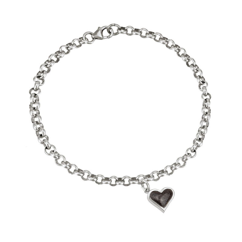 Rolo Chain Bracelet in Sterling Silver shown with the dainty heart charm on.