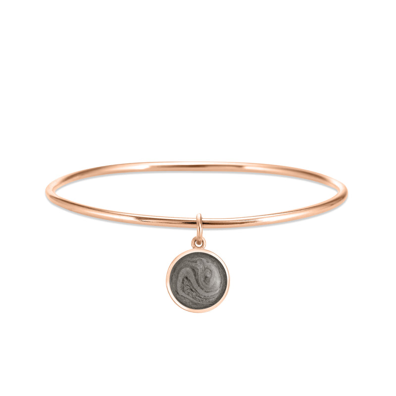 14k rose gold single bangle cremation bracelet with 10mm dome ashes charm shown from the front