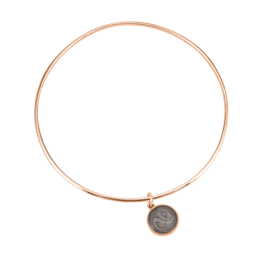 14k rose gold single bangle cremation bracelet with 10mm dome ashes charm shown from the top