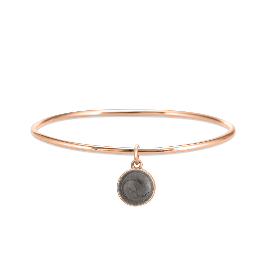 14k rose gold single bangle cremation bracelet with 8mm dome ashes charm shown from the front