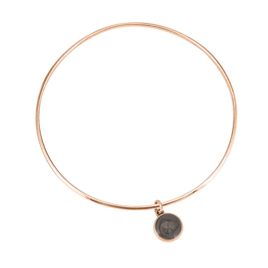 14k rose gold single bangle cremation bracelet with 8mm dome ashes charm shown from the top