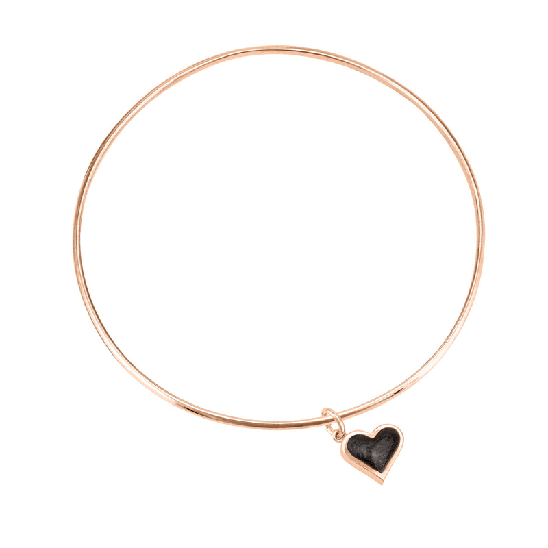 14k rose gold single bangle cremation bracelet with dainty heart ashes charm shown from the top