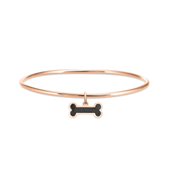 14k rose gold single bangle cremation bracelet with dog bone ashes charm shown from the front