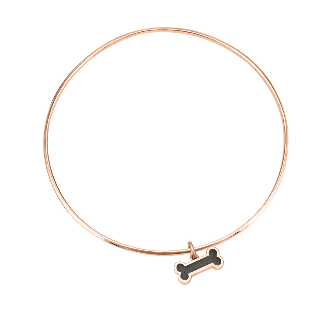 14k rose gold single bangle cremation bracelet with dog bone ashes charm shown from the top