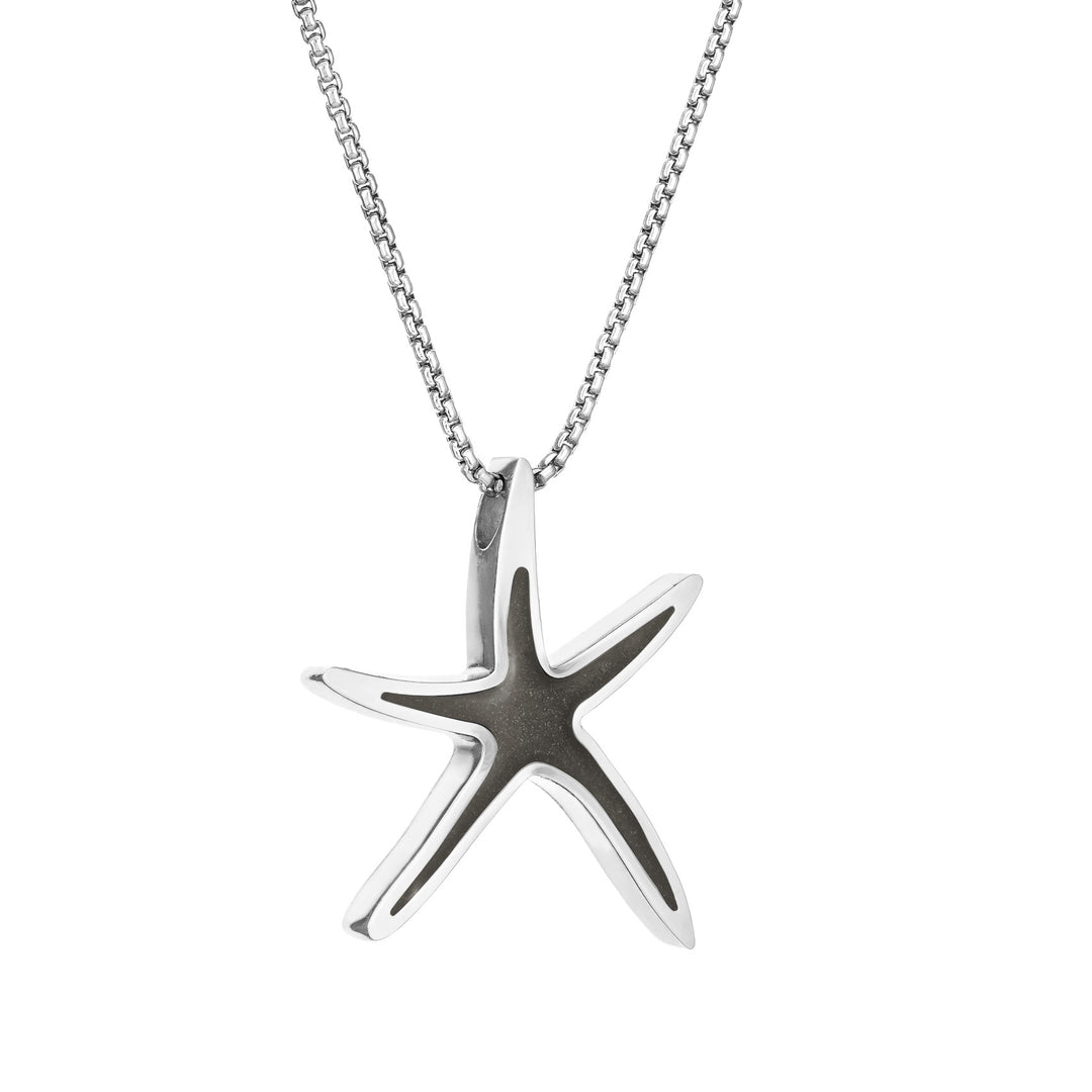 A close-up, side view of Close By Me's Sea Star Cremation Pendant in Sterling Silver against a solid white background.