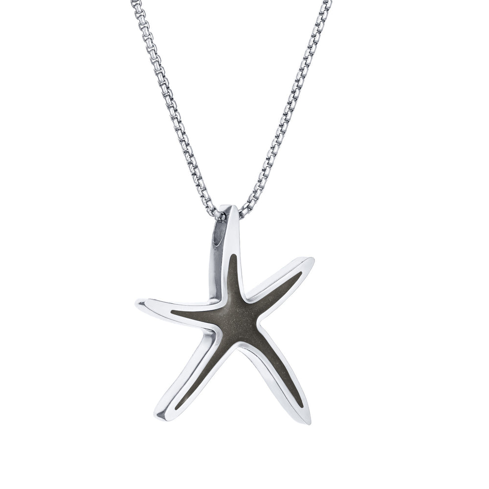 A close-up, side view of Close By Me's Sea Star Cremation Pendant in 14K White Gold against a solid white background.