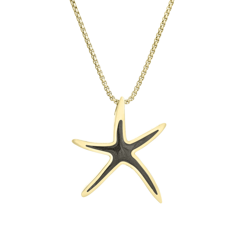 A close-up, front view of Close By Me's Sea Star Cremation Pendant in 14K Yellow Gold against a solid white background.