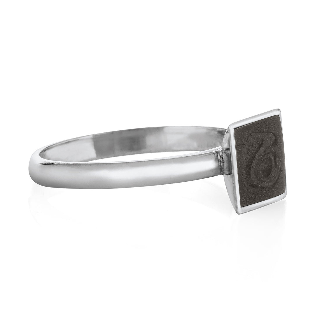 This photo shows the Signature Square Stackable Band Ring with ashes in 14K White Gold designed by close by me jewelry from the side