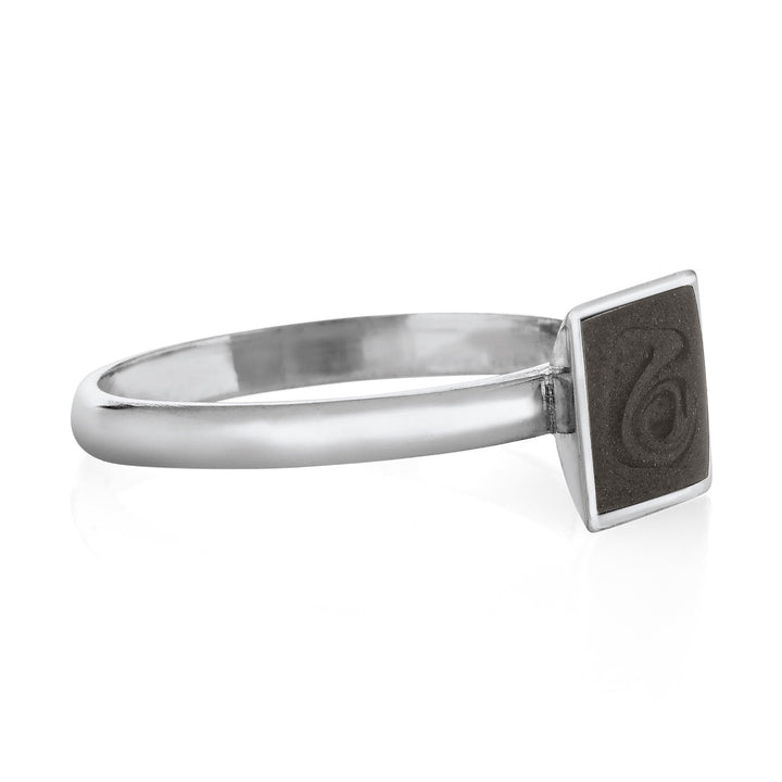 This photo shows the Signature Square Stackable Band Ring with ashes in 14K White Gold designed by close by me jewelry from the side