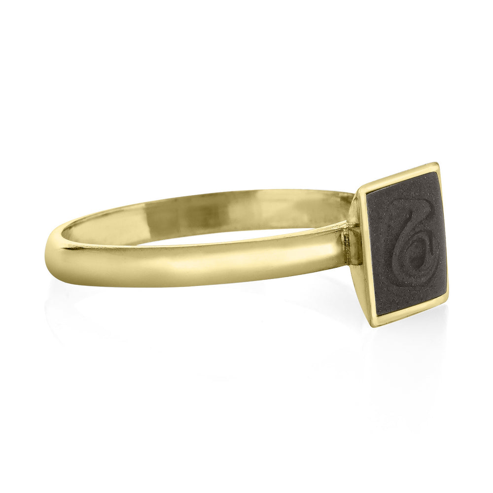 Pictured here is the 14K Yellow Gold Signature Square Stackable Band Ashes Ring designed by close by me jewelry from the side