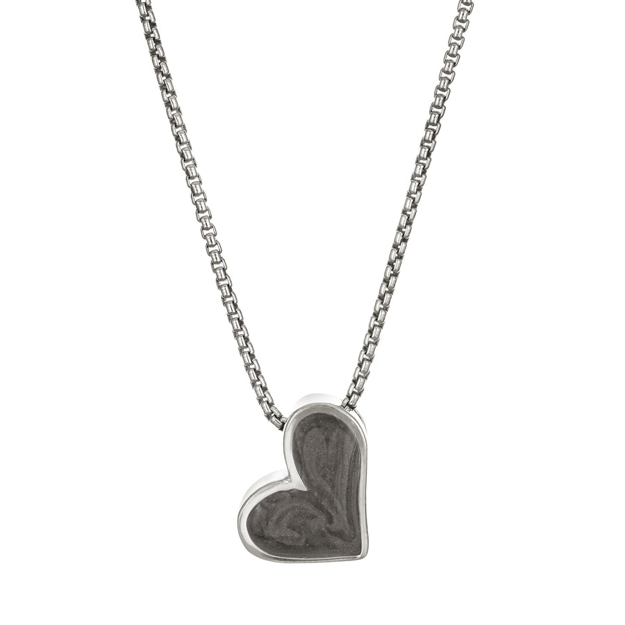 The Signature Sliding Heart Cremated Remains Necklace in Sterling Silver and set with cremains by close by me jewelry from the front