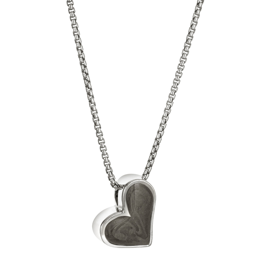 The Signature Sliding Heart Cremated Remains Necklace in Sterling Silver and set with cremains by close by me jewelry from the side