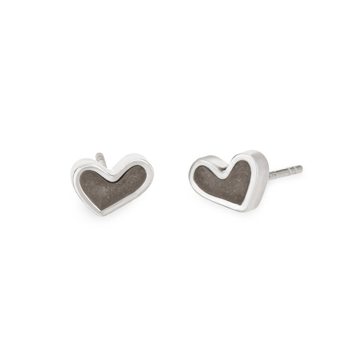 Signature heart stud cremation earrings in sterling silver shown from the front