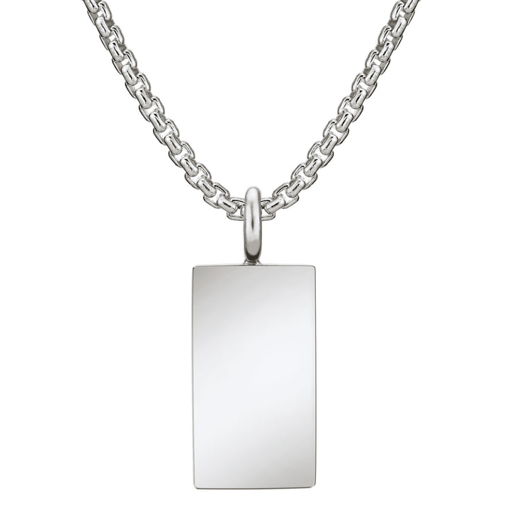 The sterling silver simple bail rectangle pendant with cremated remains on a thick chain by close by me jewelry from the back