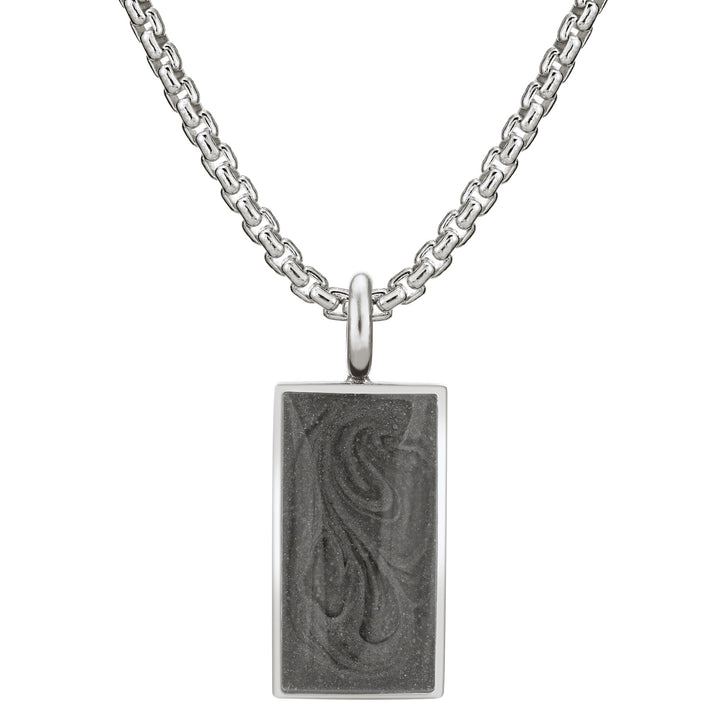 The sterling silver simple bail rectangle pendant with cremated remains on a thick chain by close by me jewelry from the front