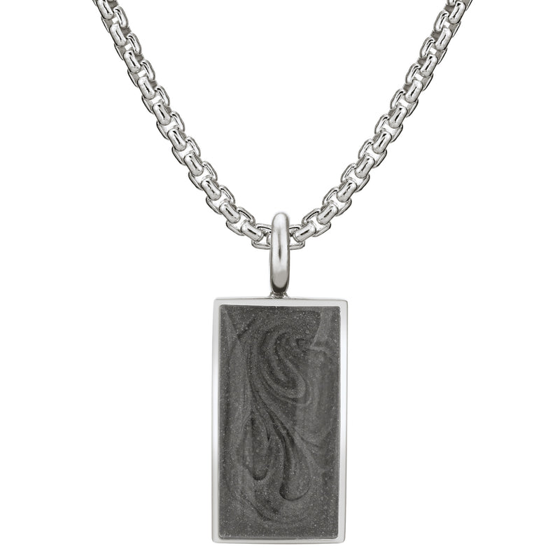 The sterling silver simple bail rectangle pendant with cremated remains on a thick chain by close by me jewelry from the front