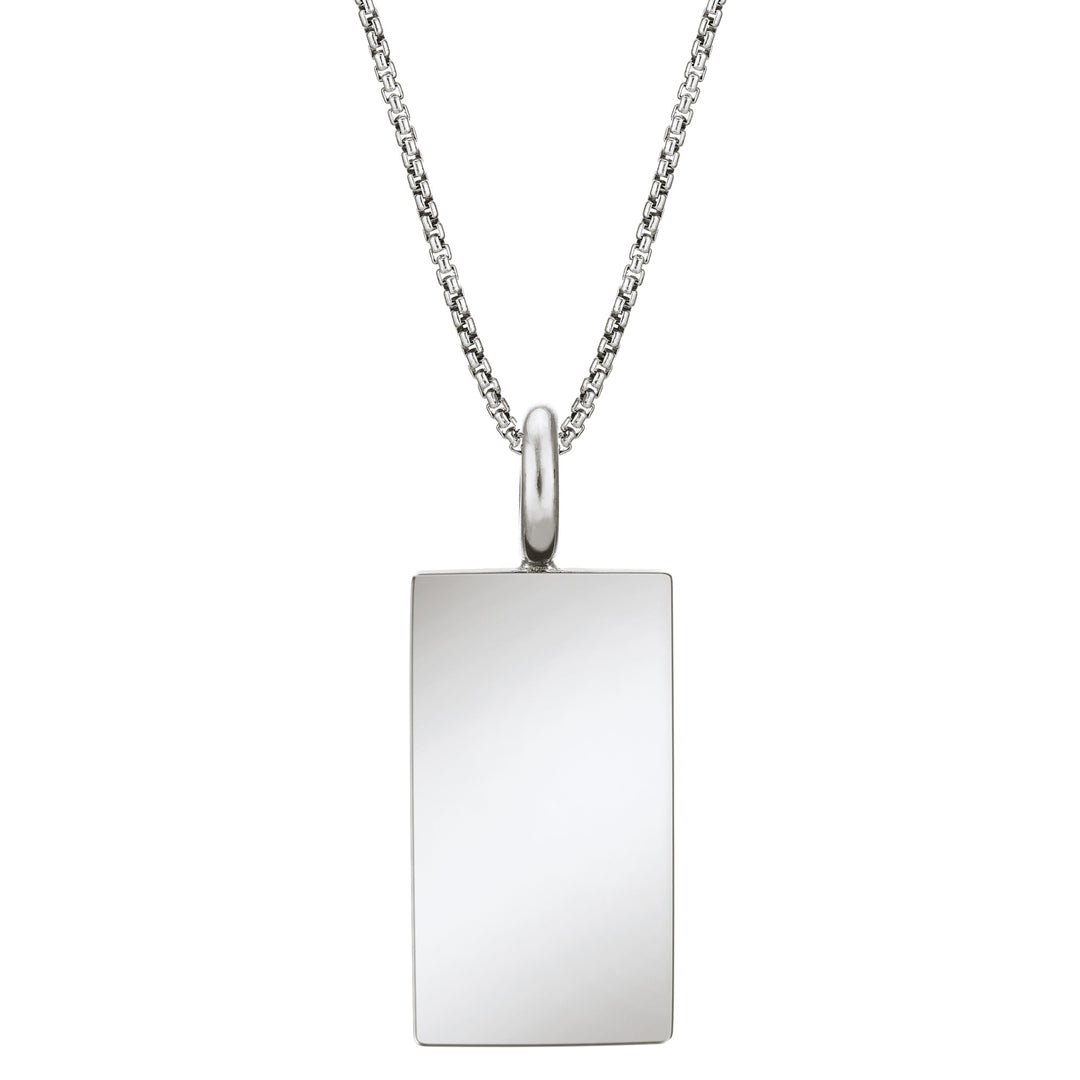 The sterling silver simple bail rectangle men's memorial pendant on a thin chain by close by me jewelry from the back
