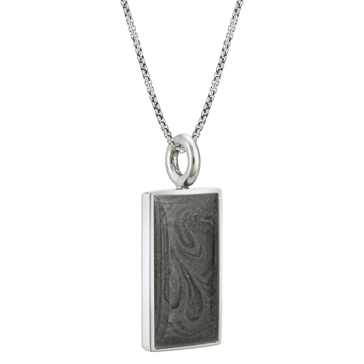 The sterling silver simple bail rectangle men's memorial pendant on a thin chain by close by me jewelry from an angle