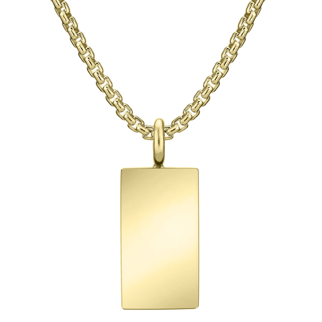 The 14k yellow gold simple bail rectangle cremains pendant on a thick chain by close by me jewelry from the back