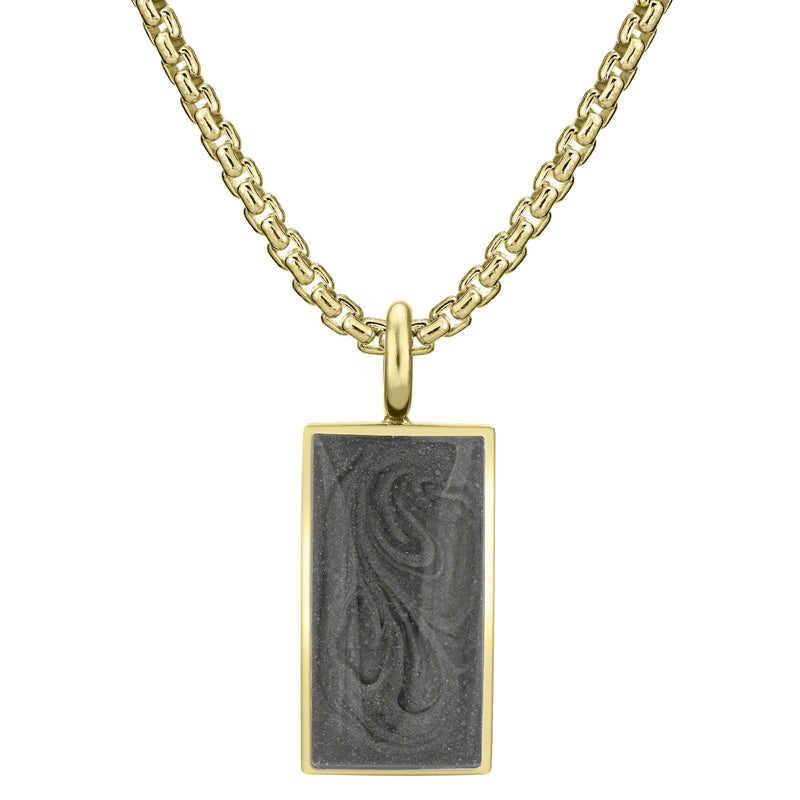 The 14k yellow gold simple bail rectangle cremains pendant on a thick chain by close by me jewelry from the front