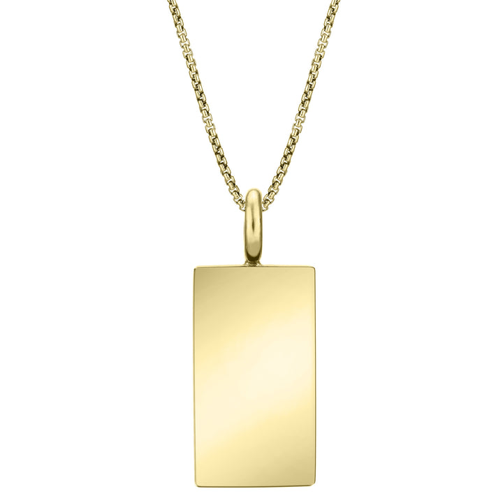 The 14k yellow gold simple bail rectangle cremated remains pendant on a thin chain by close by me jewelry from the back