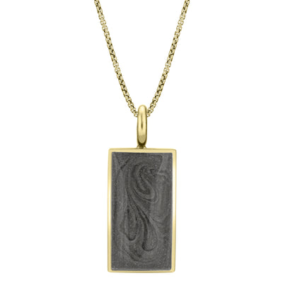 The 14k yellow gold simple bail rectangle cremated remains pendant on a thin chain by close by me jewelry from the front