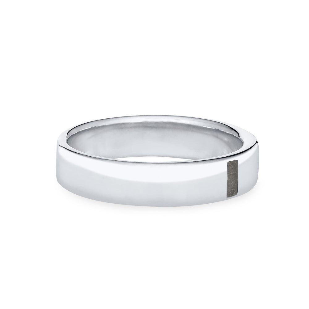 Side view of Close By Me's Men's Simple Band Cremation Ring in 14K White Gold against a solid white background.