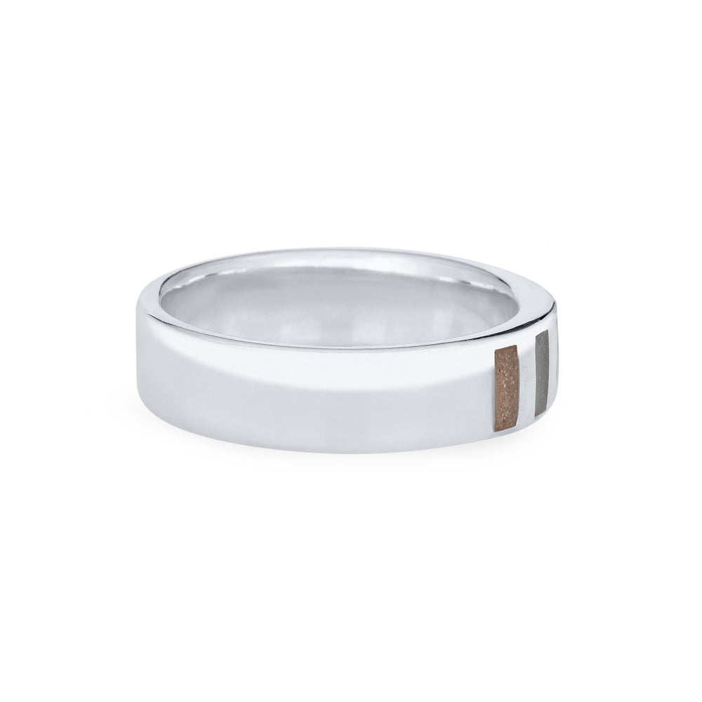 Side view of Close By Me's Simple Band Three Setting Cremation Ring in 14K White Gold against a solid white background.
