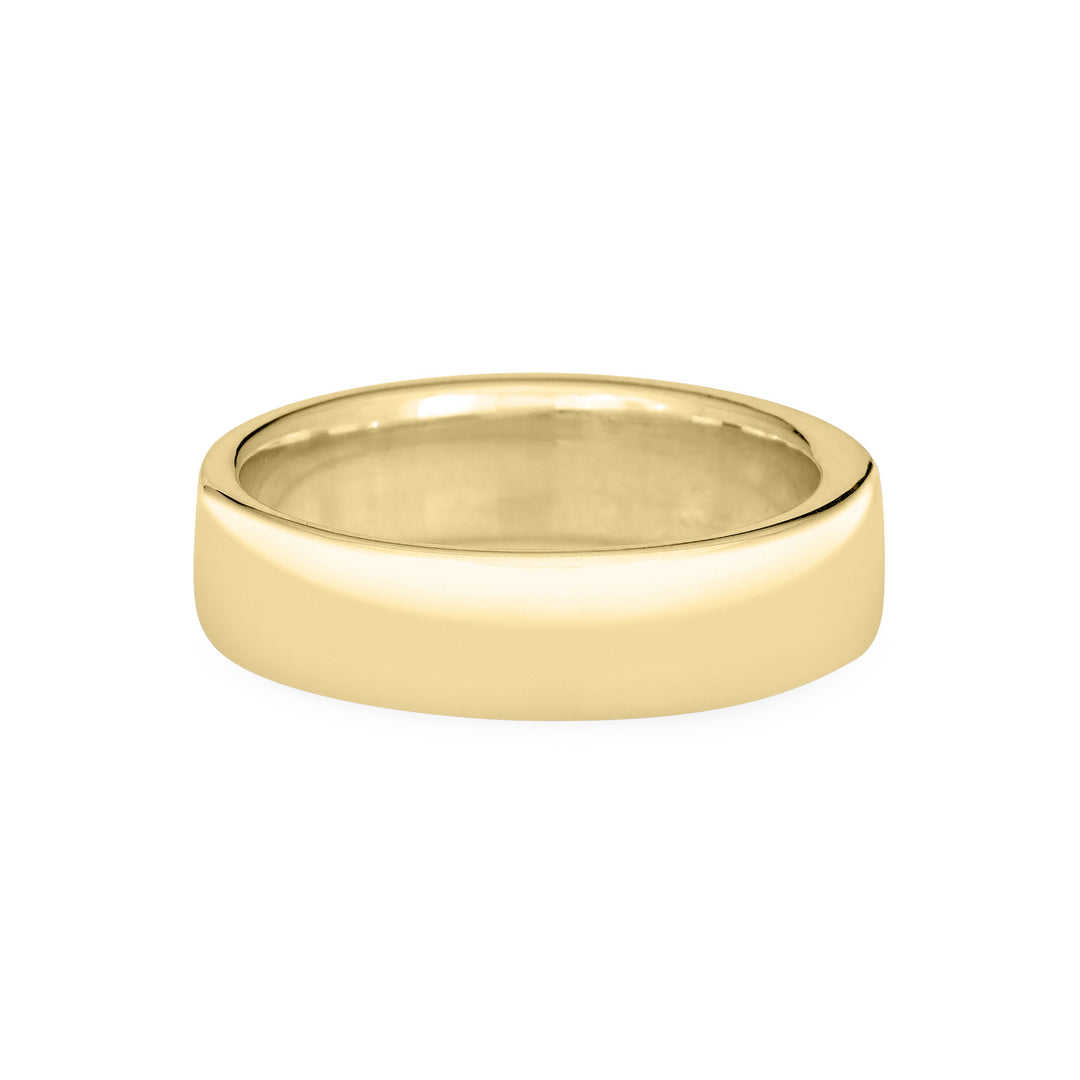 Back view of Close By Me's Simple Band Three Setting Cremation Ring in 14K Yellow Gold against a solid white background.