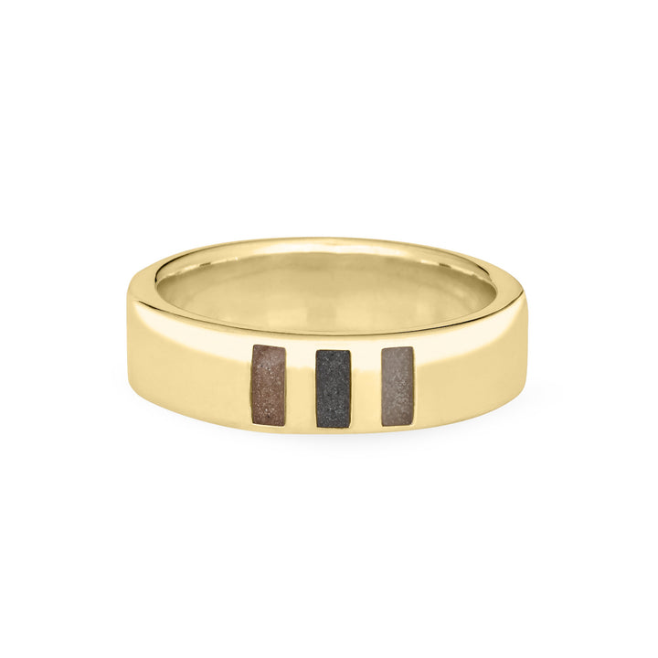 Front view of Close By Me's Simple Band Three Setting Cremation Ring in 14K Yellow Gold against a solid white background.