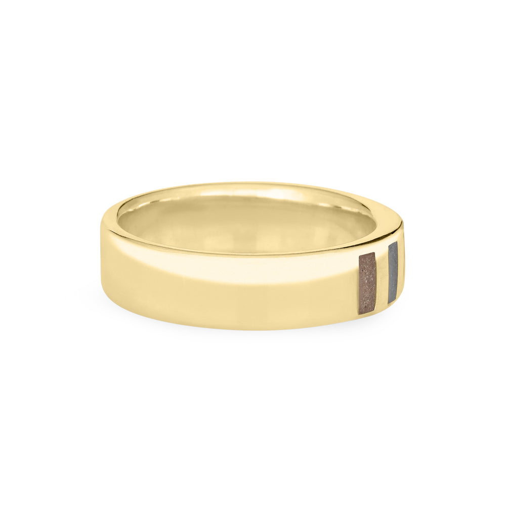 Side view of Close By Me's Simple Band Three Setting Cremation Ring in 14K Yellow Gold against a solid white background.