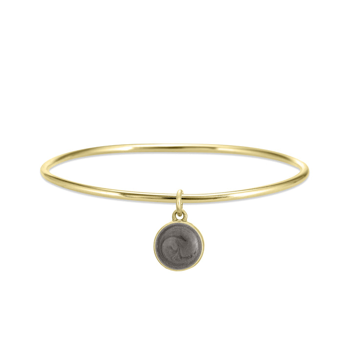 single bangle cremation bracelet in 14k yellow gold with 10mm dome charm shown from the front