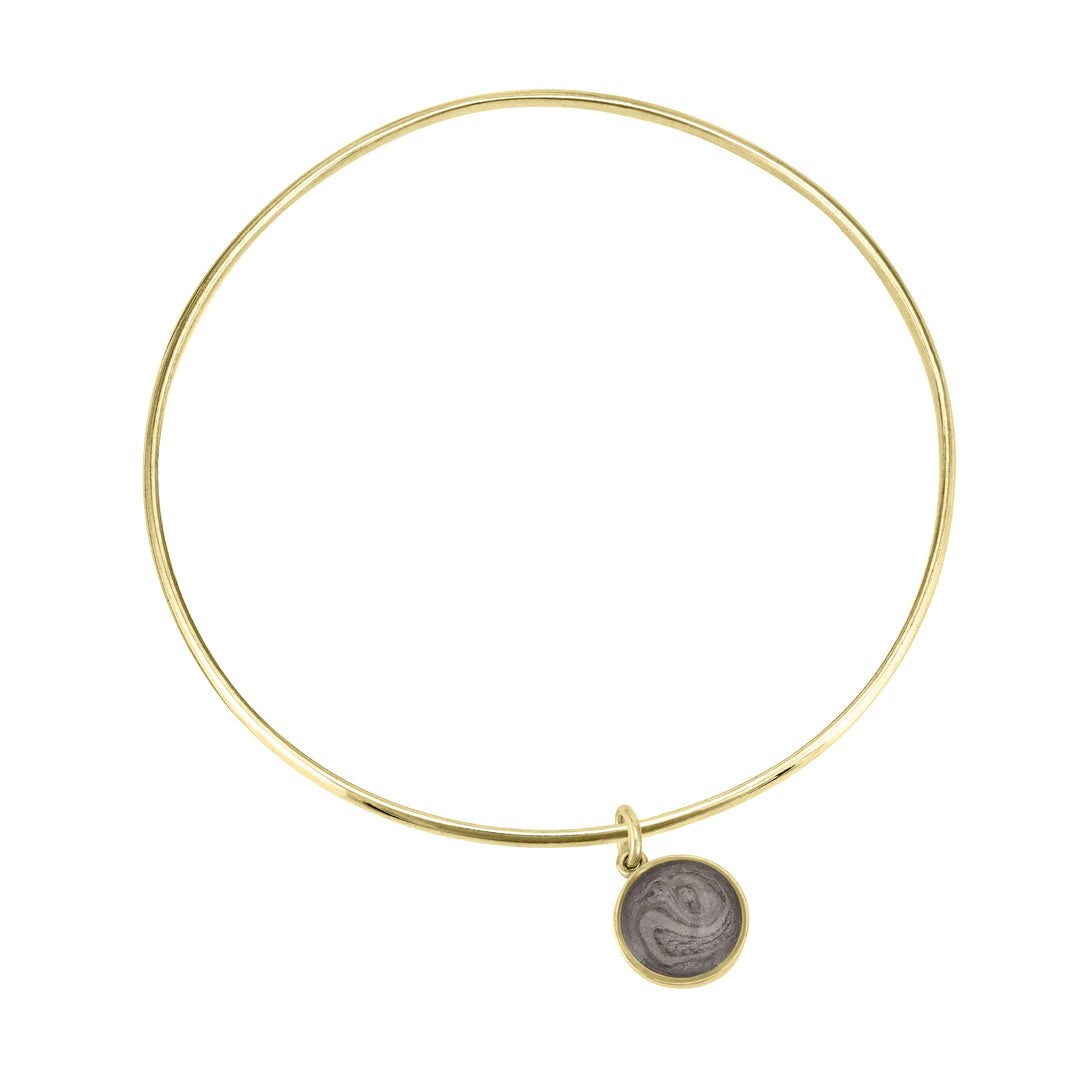 single bangle cremation bracelet in 14k yellow gold with 10mm dome charm shown from the top