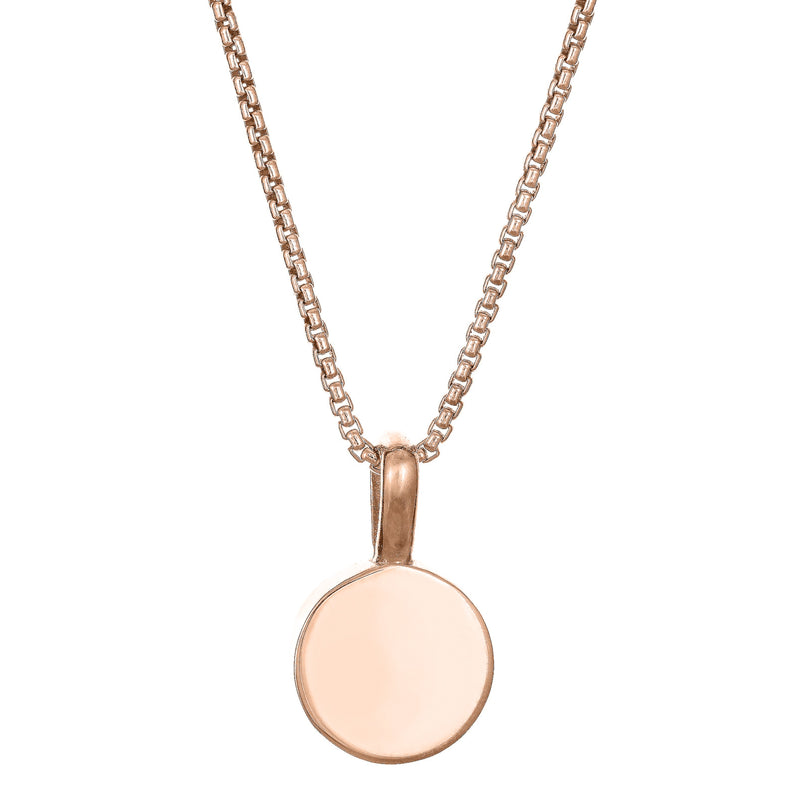 The 14K Rose Gold Single Setting Circle Ashes Pendant designed and set with cremains by close by me jewelry from the back