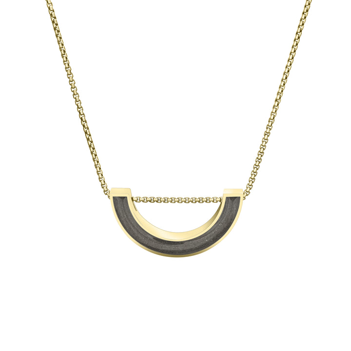 close by me jewelry's sliding "u"-shaped pendant with ashes in 14k yellow gold from the front