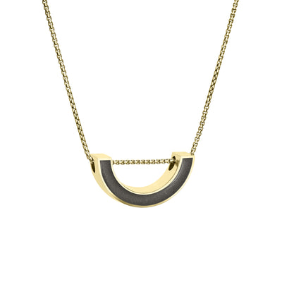 close by me jewelry's sliding "u"-shaped pendant with ashes in 14k yellow gold from an angle