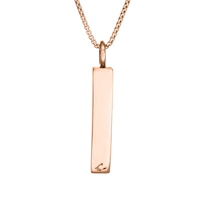 close by me jewelry's 14k rose gold small bar ashes pendant from the back
