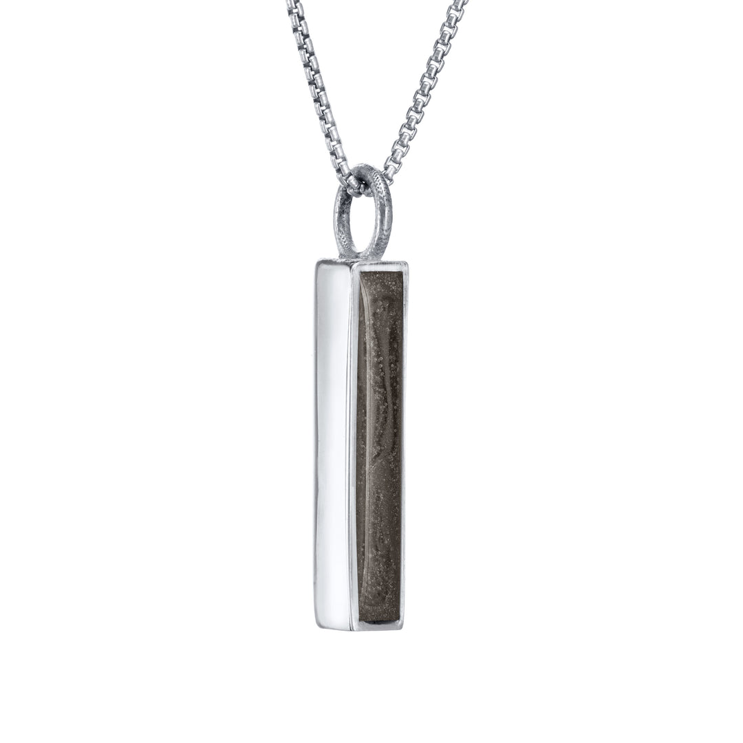 close by me jewelry's 14k white gold small bar ashes pendant from an angle