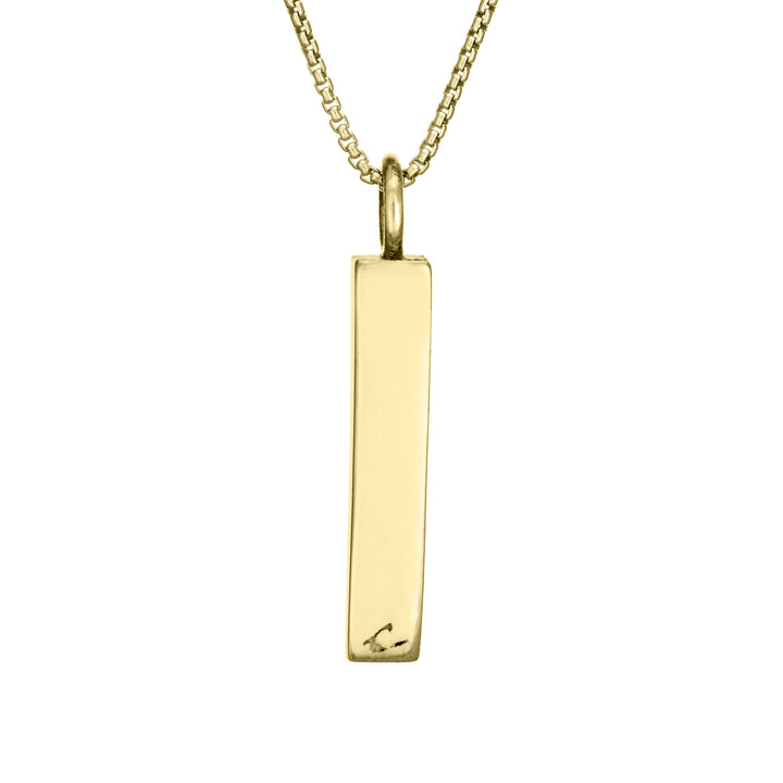 close by me jewelry's 14k yellow gold small bar memorial pendant from the back