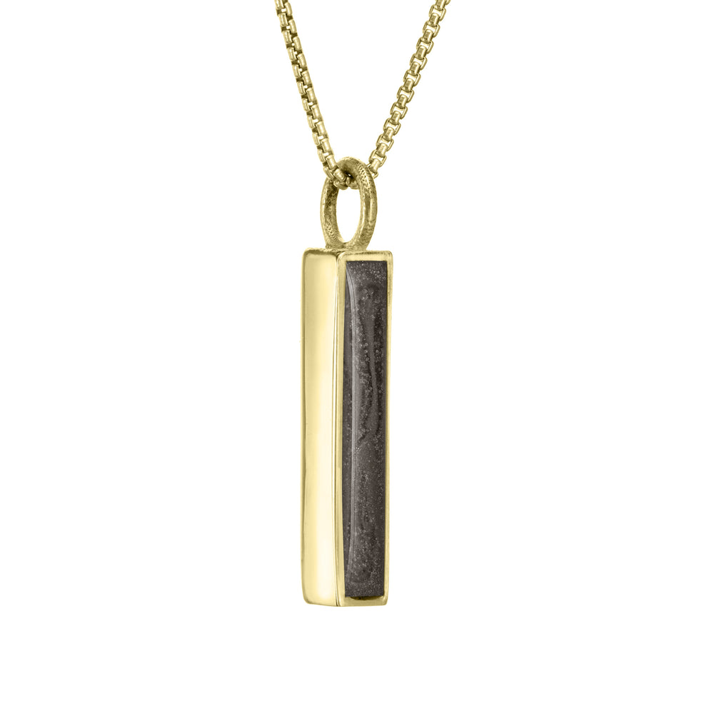 close by me jewelry's 14k yellow gold small bar memorial pendant from an angle