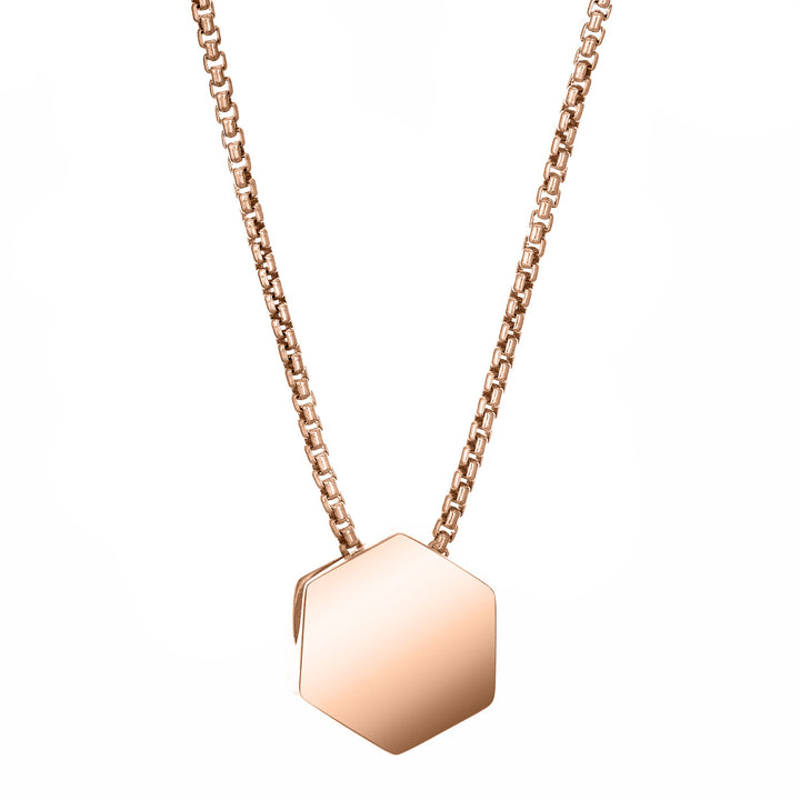 This photo shows the Small Hexagon Sliding Cremation Necklace designed by close by me jewelry in 14K Rose Gold from the back