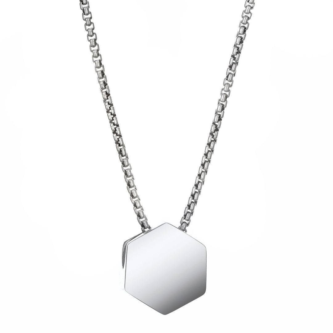 This photo shows the Small Hexagon Sliding Cremains Necklace designed by close by me jewelry in 14K White Gold from the back
