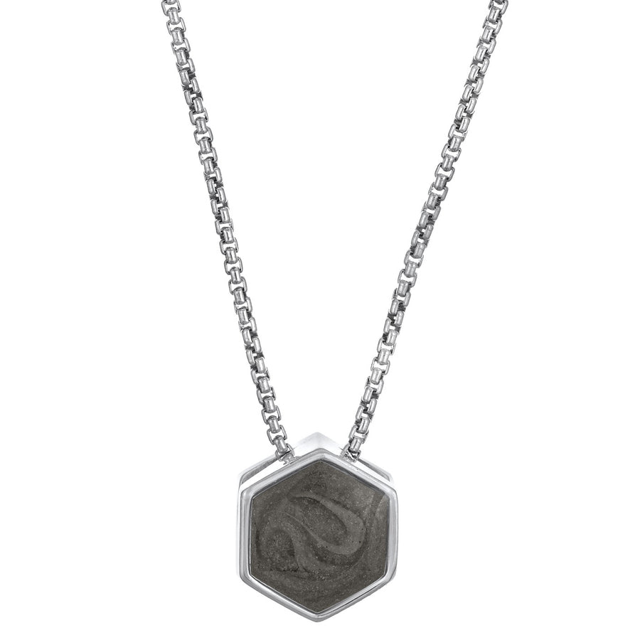 This photo shows the Small Hexagon Sliding Cremains Necklace designed by close by me jewelry in 14K White Gold from the front