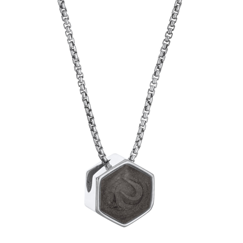 This photo shows the Small Hexagon Sliding Cremains Necklace designed by close by me jewelry in 14K White Gold from the side