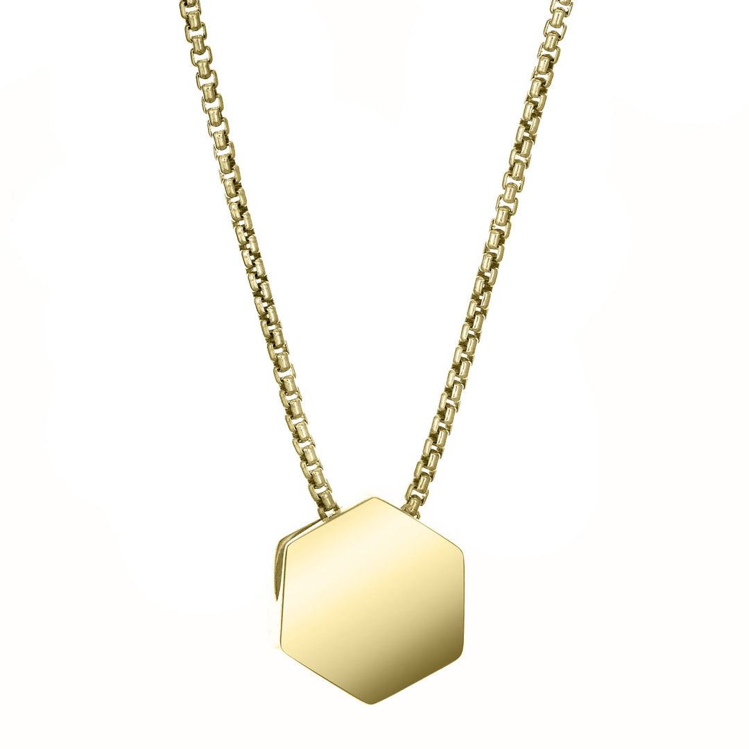 This photo shows the Small Hexagon Sliding Cremains Pendant designed by close by me jewelry in 14K Yellow Gold from the back
