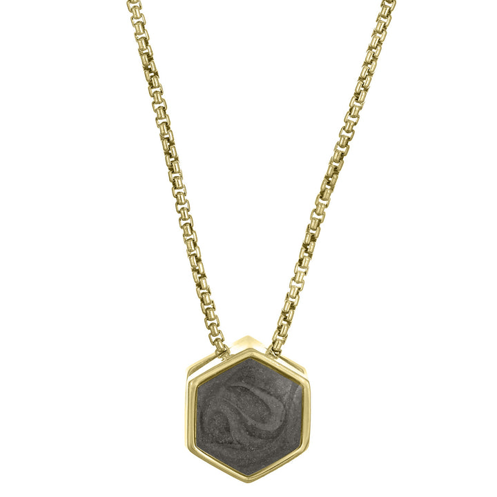 This photo shows the Small Hexagon Sliding Cremains Pendant designed by close by me jewelry in 14K Yellow Gold from the front
