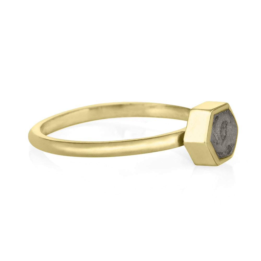 This photo shows the 14K Yellow Gold Small Hexagon Stacking Ring with cremains by close by me jewelry from the side