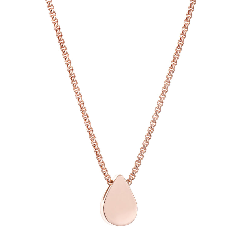 This photo shows the 14K Rose Gold Small Pear Sliding Cremation Pendant designed by close by me jewelry from the back