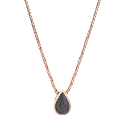 This photo shows the 14K Rose Gold Small Pear Sliding Cremation Pendant designed by close by me jewelry from the front